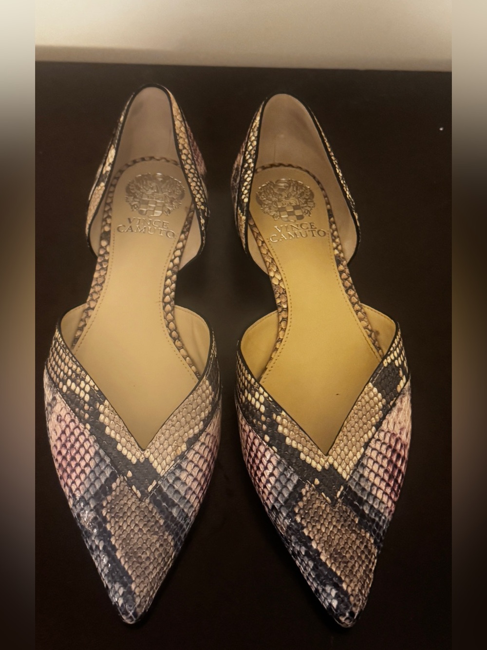 Vince Camuto Pointed D'Orsay Flats in Snake Print with Pink and Tan Accents